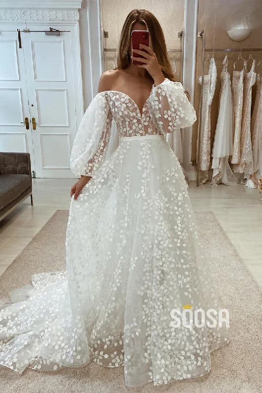 Hurry In summer floral dressPlunging V-Neck Allover Lace Bohemian Wedding Dress with Sleeves QW2409