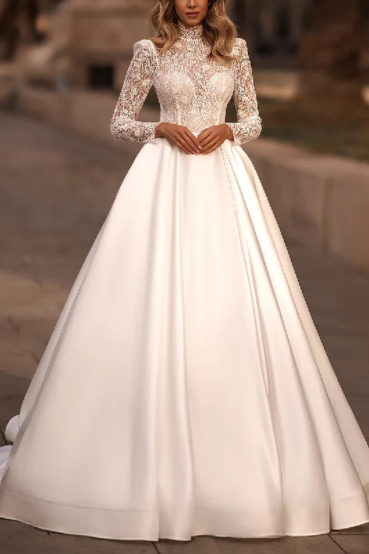 Don't Wait one-shoulder dressA Line Muslim High Neck Lace Long Sleeves Rustic Wedding Dress with Pockets QW0841
