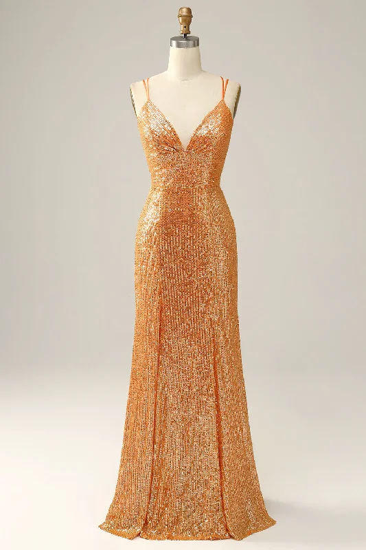 Don't Wait casual dressOrange Sequined Backless Mermaid Prom Dress Y2974