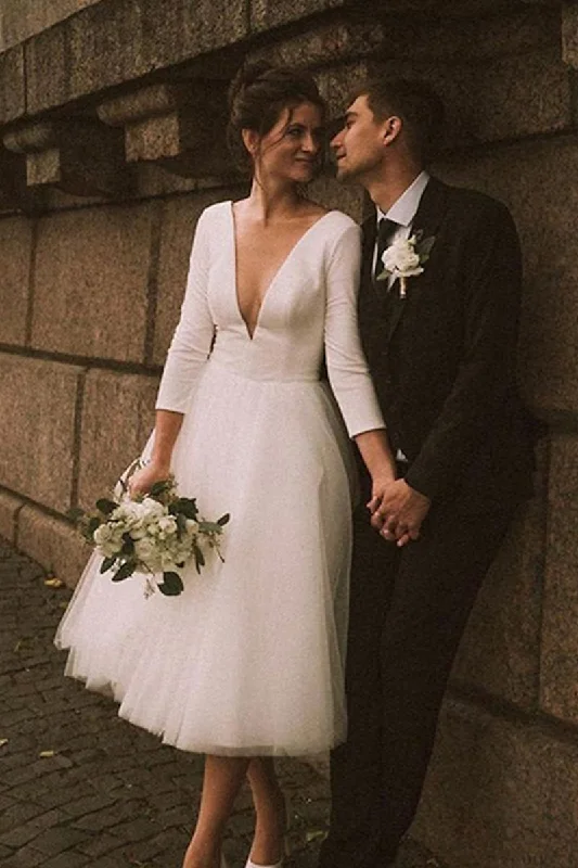 Clearance Sale luxury dressBridal Shower Vintage 1940s / 1950s Little White Dresses Wedding Dresses 3/4 Sleeves V Neck Bridal Gown QW2368