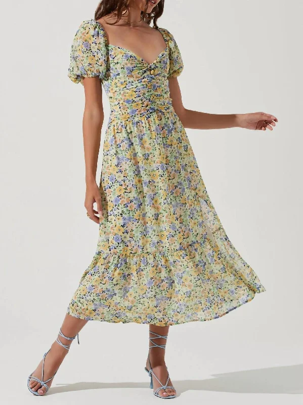 Fantastic Deals casual day dressIrma Puff Sleeve Midi Dress In Yellow/green Floral