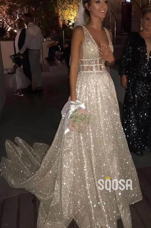 Deal Zone summer dressAttractive V-neck Sparkly A-line Wedding Dress QW2479