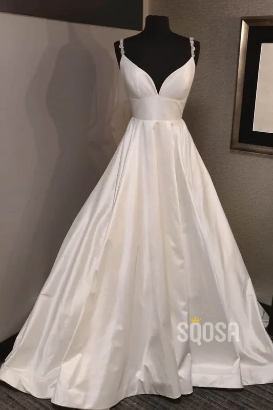 Daily Specials ashionable dressA-line V-neck Ivory Satin Beaded Straps Rustic Wedding Dress QW2181