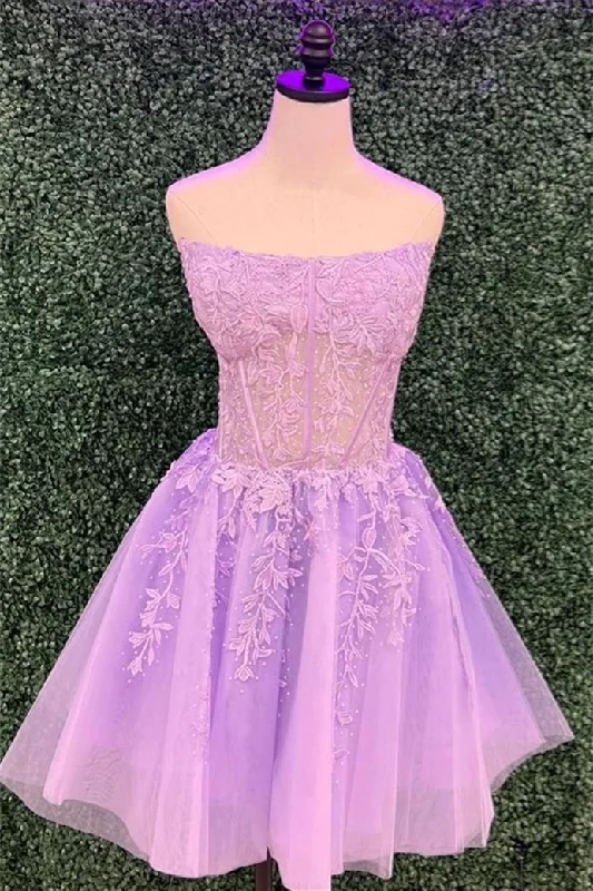 Buy More, Save More casual shift dressLavender Appliques A-line Strapless Tulle Homecoming Dress