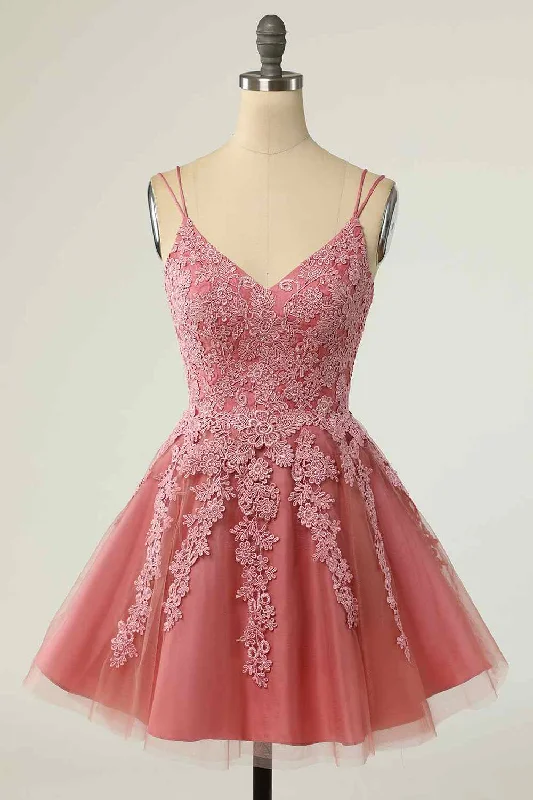Last Chance trendy wrap dressPink A-line Double Straps V Neck Lace-Up Applique Mini Homecoming Dress