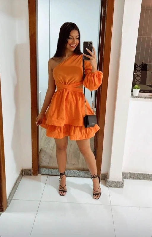 Weekend Flash Sale satin dressOrange One Sleeve A-line Homecoming Dress  Y2771