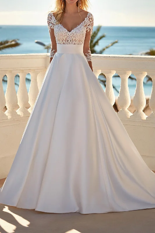 Online Only elegant maxi dressA Line Illusion V neckk 3/4 Sleeves Satin Wedding Dress QW2118 Online Only elegant maxi dressA Line Illusion V neckk 3/4 Sleeves Satin Wedding Dress QW2118