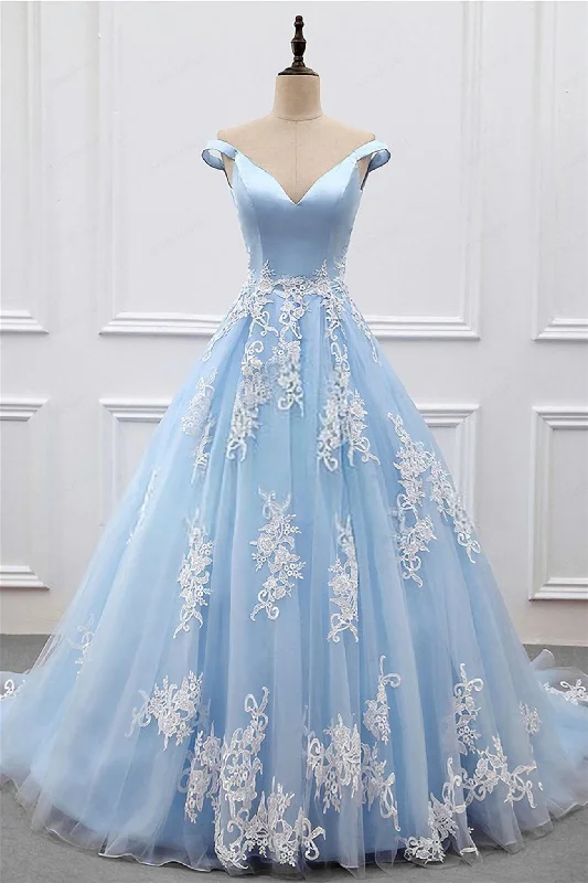 Act Fast ruffle dressLight Blue Appliques Off-Shoulder A-line Long Prom Dress