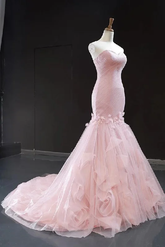 Limited Time Discount Pink Tulle Prom Dresses Sweetheart Mermaid Long Formal Dress with Ruffles GJS235