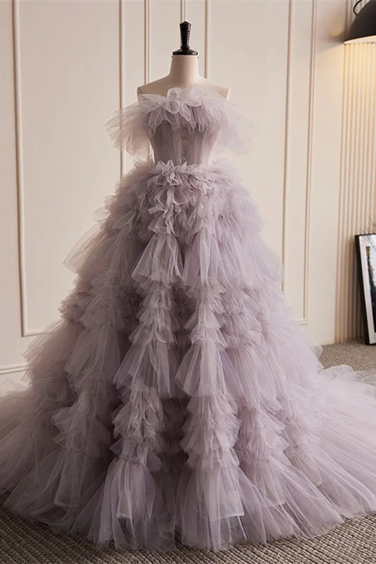 Special Discount vintage dressLight Purple Strapless Pleated Ruffle-Layers Maxi Formal Dress