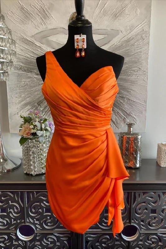 Discount Mania A-line dressOne Shoulder Orange Ruched Tight Short Homecoming Dress