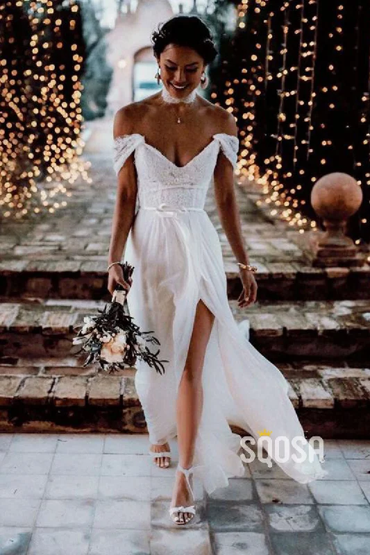 Shop and Save v-neck dressOff Shoulder Lace High Split Beach Wedding Dress QW0922