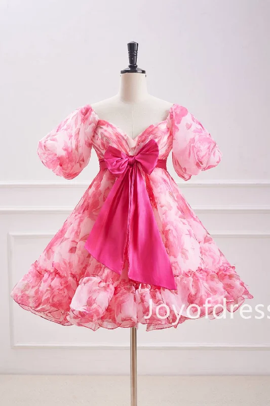 Bonus Savings off-the-shoulder dressPink Puff Sleeves Floral Ruffle Short Homecoming Dress with Bow