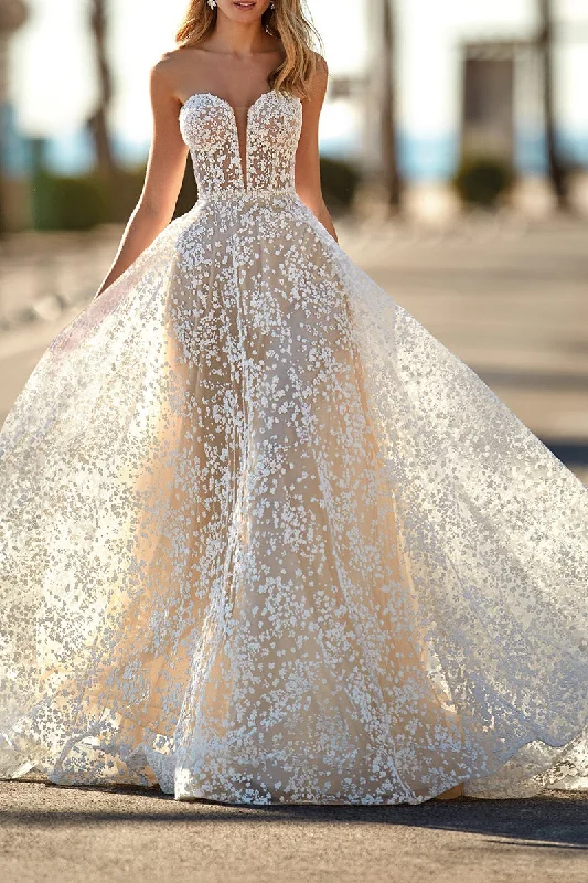Weekend Deal party-ready dressA Line Illusion Deep V Neck Romantic Lace Wedding Dress QW2104