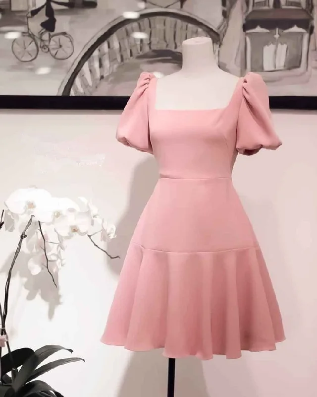 Deal Alert casual evening dressRetro Pink Square Neckline A-line Homecoming Dress  Y2887