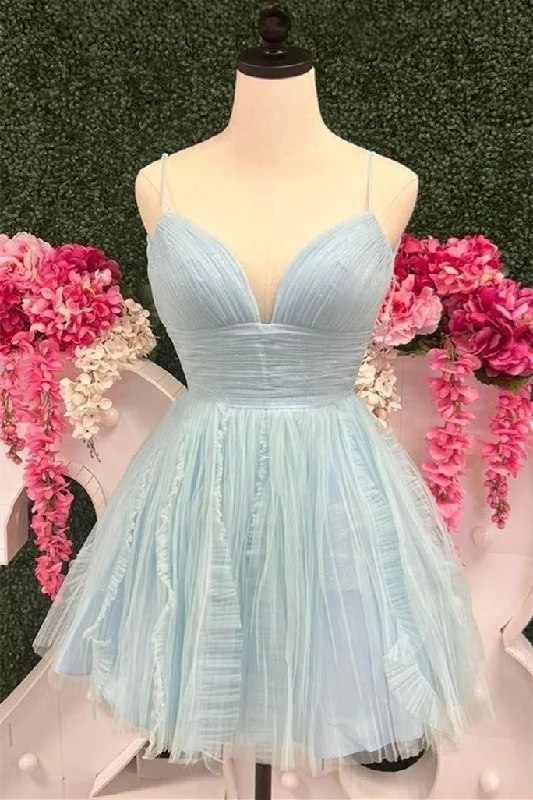 Super Savings vintage-inspired dressLight Blue A-line V Neck Straps Ruffled Homecoming Dress