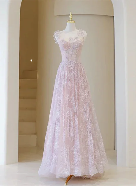 Mega Deal shift dressLight Pink Round Neckline Lace Long Prom Dress, A-line Pink Floor Length Party Dress Y4492 Mega Deal shift dressLight Pink Round Neckline Lace Long Prom Dress, A-line Pink Floor Length Party Dress Y4492