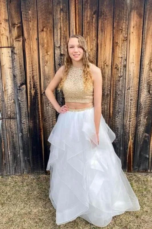 Super Deal Two Pieces Long Zipper Back Lace Princess Prom Dresses GJS251