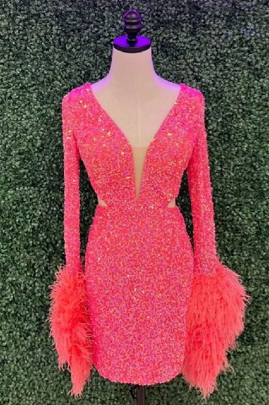 Weekend Deal wool dressHot Pink Deep V Long Sleeves Sequins Homecoming Dress with Feathers