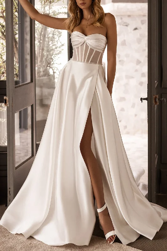 Price Slash silk dressA line Sweetheart High Split Satin Wedding Dress with Pockets QW0833