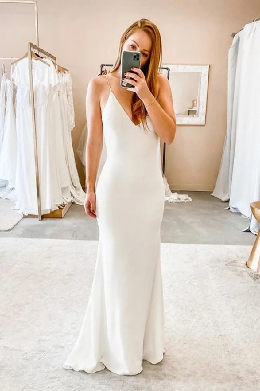 Deep Discounts Spaghetti Straps V neck Sheath Wedding Dresses Modern Backless Bridal Gowns