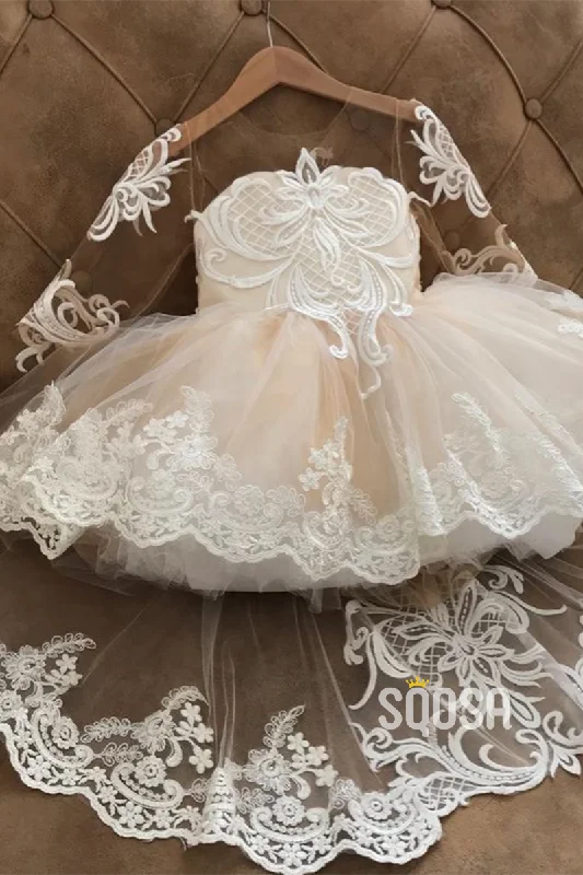 Extra Discounts casual knit dressA-line Lace Appliques Long Sleeves Flower Girl Dress First Communion Dress QF1019
