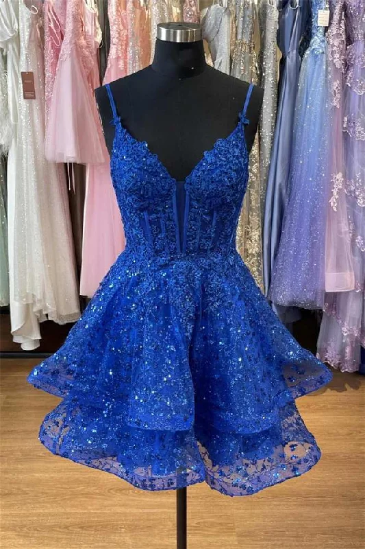Special Buy lace dressPlunging Neck Royal Blue Sequin Corset A-Line Tiered Short Party Dress