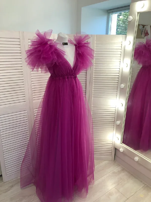 Act Fast formal dressFuchsia A-line V Neck Tulle Prom Dress  Y2759