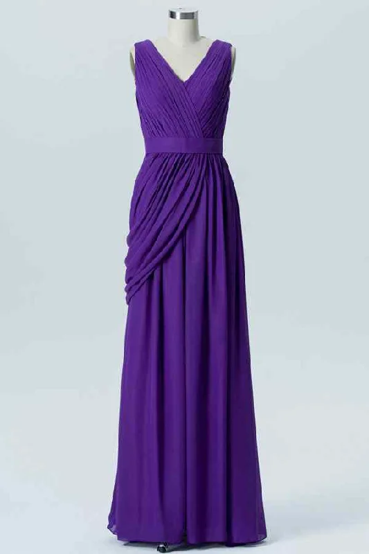 Savings Galore ruched dressRegency A-line V Neck Chiffon Pleated Ruffles Long Bridesmaid Dress