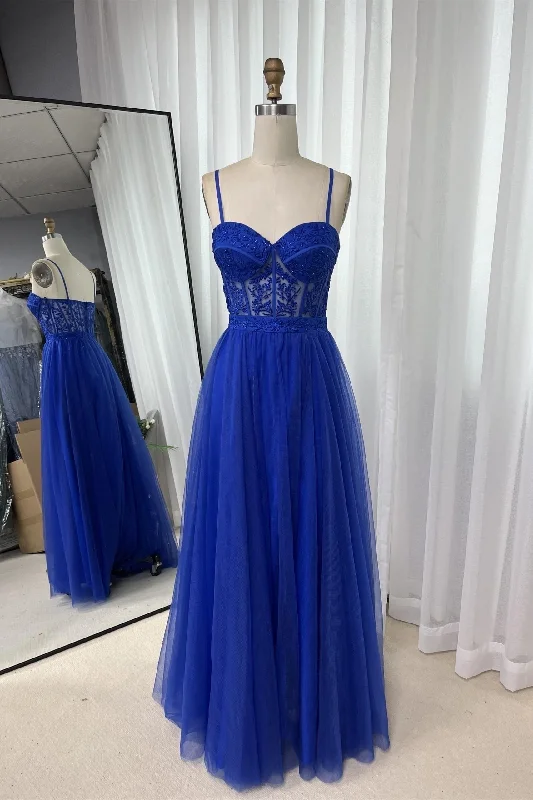 Act Now t-shirt dressRoyal Blue Straps Appliques A-line Tulle Long Prom Dress