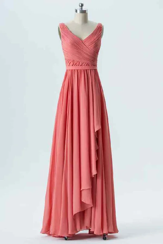 Overstock ruffle dressWatermelon A-line V Neck Chiffon Pleated Ruffle Long Bridesmaid Dress