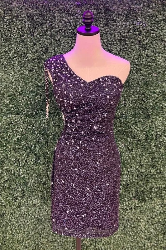 Today Only long sleeve dressBlack One Shoulder Sheath Sequins Homecoming Dress with Tassels