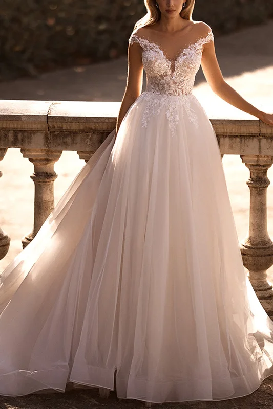 The Best Prices high-waisted dressA Line Illusion Neckline Lace Appliques Rustic Wedding Dress Bridal Gown QW0855