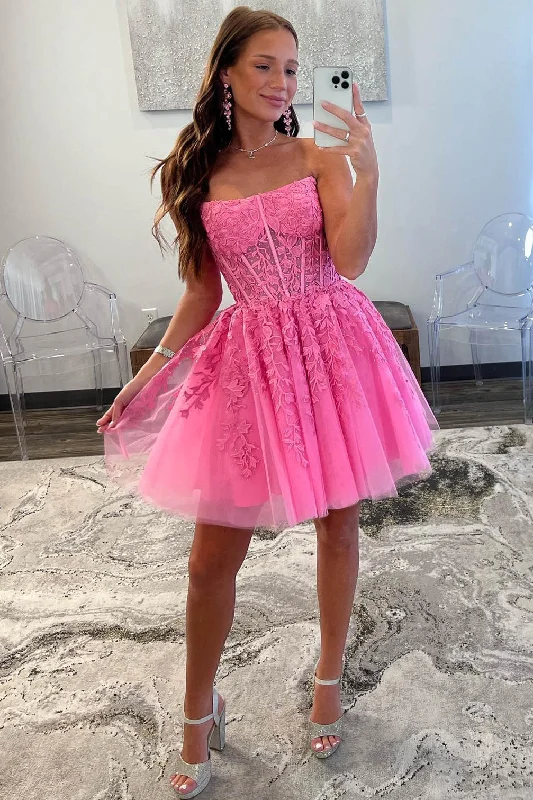 Final Clearance ruffle dressStrapless Hot Pink A-Line Short Party Dress with Appliques Y2784 Final Clearance ruffle dressStrapless Hot Pink A-Line Short Party Dress with Appliques Y2784