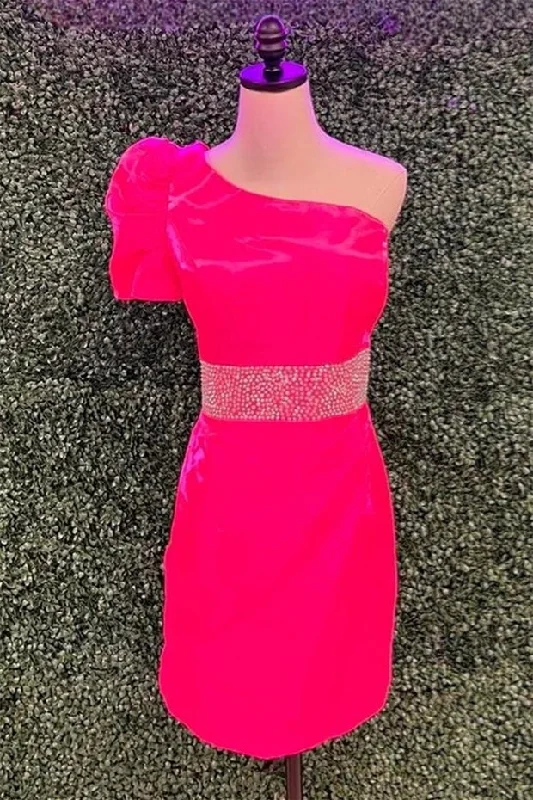 Sale Event cocktail party dressHot Pink One Shoulder Puff Sleeve Sheath Satin Beaded Homecoming Dress