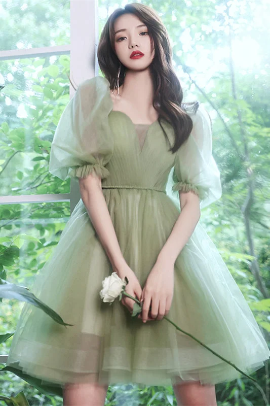 Special Savings printed dressSage Green Puff Sleeves Tulle Lace-Up Homecoming Dress