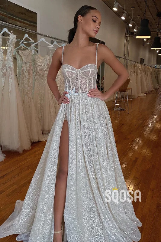 Special Price casual shift dressSpaghetti Straps Lace Appliques Sparkly Bohemian Wedding Dress Bridal Gown QW0956