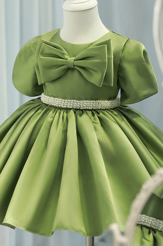 Can't Miss ruched dressBall Gown Green Satin Cute Flower Girl Dress Bow First Communion Dress QF1032