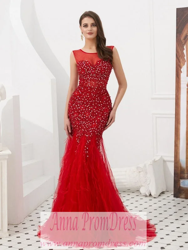 Best Seller Red Prom Dresses Scoop Trumpet Mermaid Plume Beaded Long Open Back Prom Dress JKL1605 Best Seller Red Prom Dresses Scoop Trumpet Mermaid Plume Beaded Long Open Back Prom Dress JKL1605