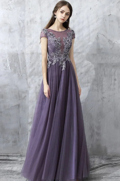 Exclusive Online Offer formal dressPurple Tulle Long Evening Dress with Cap Sleeves Exclusive Online Offer formal dressPurple Tulle Long Evening Dress with Cap Sleeves