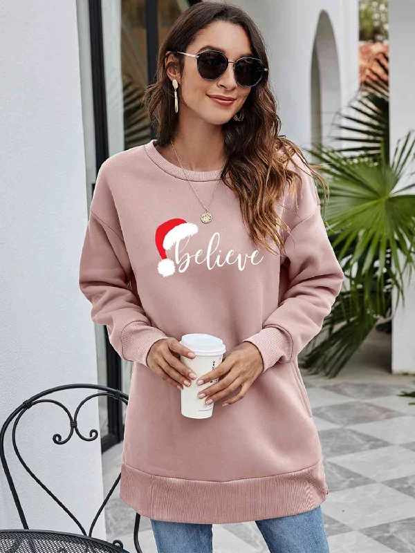 Deal Dash loose fit athletic hoodieBELIEVE Graphic Tunic Sweatshirt
