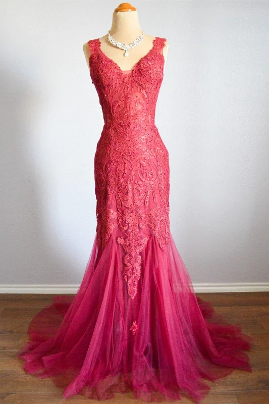 Amazing Deals playful dressFuchsia Mermaid Sheer Straps Lace Beaded Long Formal Dress