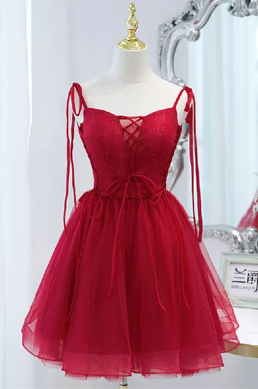 New Markdowns modern dressWine Red Bow Tie Lace-Up Deep V Beaded Homecoming Dress