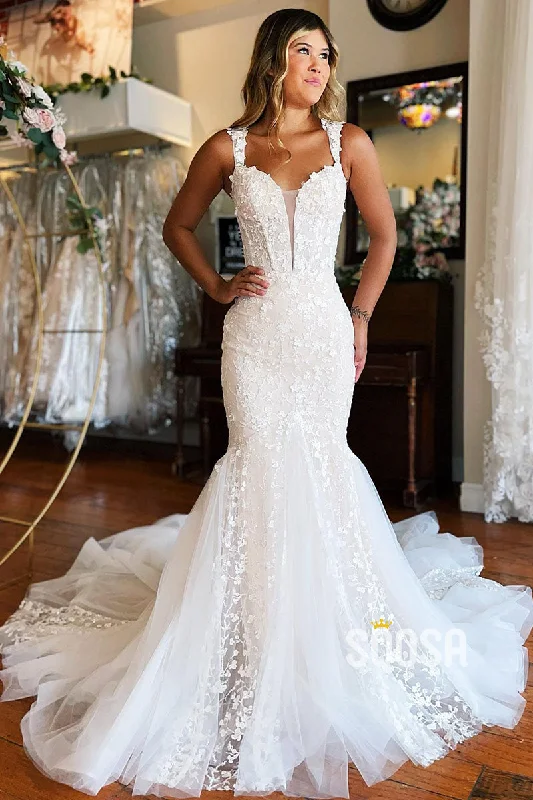 Midnight Madness denim dressPlunging V-Neck Lace Appliques Mermaid Wedding Dress QW2388