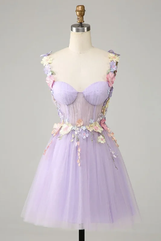 Clearance Sale office dressLavender Tulle Spaghetti Strap Flower Lace-Up Homecoming Dress