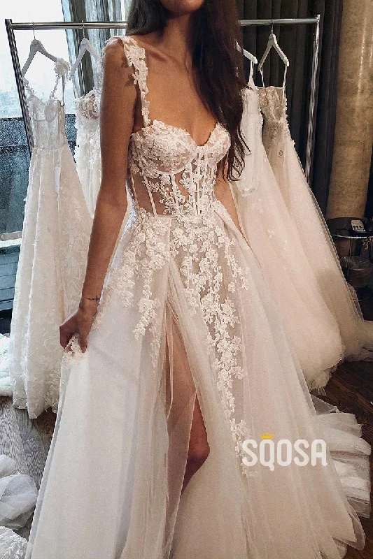 Major Savings flowy evening dressDouble Straps Lace Appliques Bohemian Wedding Dress Bridal Gown QW0845