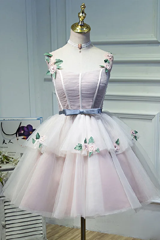Season Finale Sale off-the-shoulder dressPink Flower Straps Multi-Layers Appliques Tulle Homecoming Dress