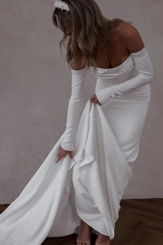 Shop and Save party dressUnique Off Shoulder Long Sleeves Satin Boho Wedding Dress with Court Train QW0830