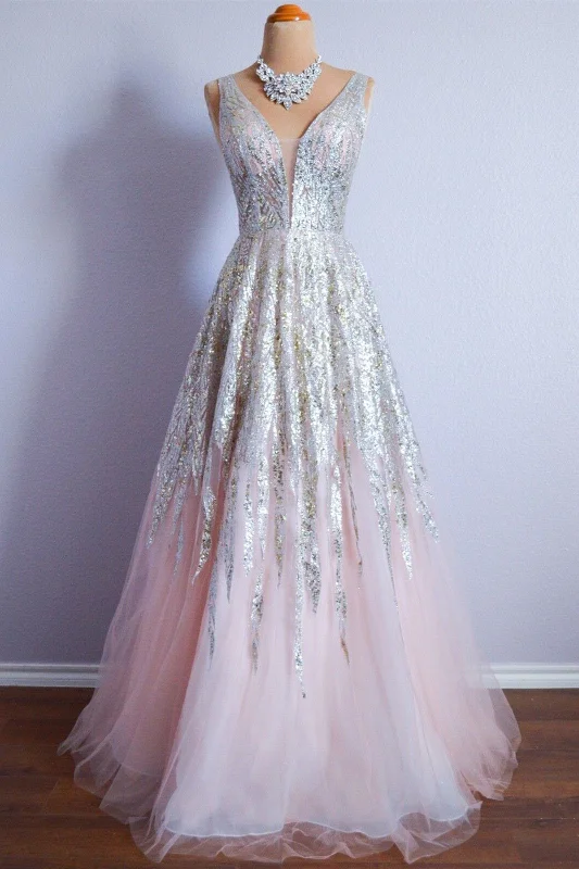 Weekend Deal puff sleeve dressCandy Pink A-line Sheer Strap Sequins Long Formal Dress