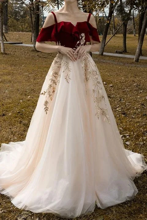 Overstock Sale Vintage Red Straps Tulle Formal Dress, Elegant Applique Prom Dress GJS191